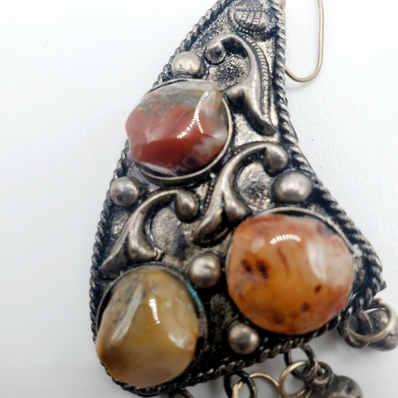 Artisan natural stones hand cut silver earrings butterfly wings vintage stunning - Picture 4 of 10